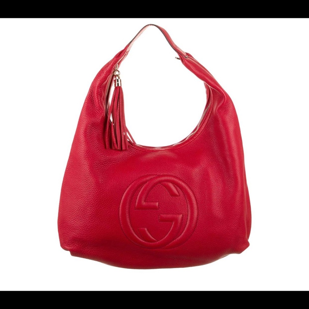 Red Leather Hobo Bag with Signature Embossed Logo - Picture 4 of 14